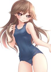 Rule 34 | 1girl, absurdres, arashio (kancolle), blue one-piece swimsuit, brown eyes, brown hair, highres, kantai collection, long hair, looking at viewer, makura (y makura), old school swimsuit, one-piece swimsuit, school swimsuit, simple background, smile, solo, standing, swimsuit, white background