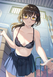 Rule 34 | 1girl, :q, bare arms, bare shoulders, black-framed eyewear, black bra, blue skirt, bra, brown hair, closed mouth, collarbone, cowboy shot, glasses, hair ornament, highres, indoors, lace, lace-trimmed bra, lace trim, long hair, looking at viewer, miniskirt, original, pleated skirt, ponytail, semi-rimless eyewear, skirt, smile, solo, tan (tangent), tongue, tongue out, underwear, yellow eyes