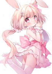 Rule 34 | 1girl, animal ears, blush, commission, dress, from behind, gau (n00 shi), hair ornament, hairclip, hand to own mouth, highres, legs, legs up, long hair, looking back, low twintails, no shoes, original, own hands together, pink dress, pink eyes, pink thighhighs, pixiv commission, rabbit ears, rabbit girl, short dress, sleeveless, sleeveless dress, solo, thighhighs, thighs, twintails, wind, wind lift