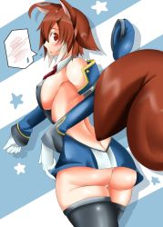 Rule 34 | 1girl, animal ears, arc system works, artist request, ass, beret, blazblue, blazblue: continuum shift, blush, breasts, brown hair, butt crack, cosplay, daddy pomgi, hat, looking back, makoto nanaya, noel vermillion, noel vermillion (cosplay), red eyes, revealing clothes, sideboob, solo, spoken blush, squirrel ears, squirrel tail, sweatdrop, tail, thighhighs, upskirt