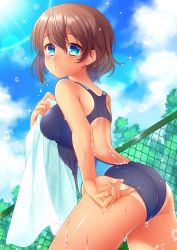 Rule 34 | 1girl, adjusting clothes, adjusting swimsuit, aneroido, ass, blue sky, blush, breasts, brown hair, chain-link fence, cloud, cloudy sky, competition swimsuit, cowboy shot, day, fence, from behind, from side, hair between eyes, highres, holding, holding towel, light rays, looking at viewer, looking back, medium breasts, moe2017, one-piece swimsuit, original, outdoors, parted lips, short hair, sky, solo, sunbeam, sunlight, swimsuit, tan, tanline, tareme, thighs, towel, water drop, wet