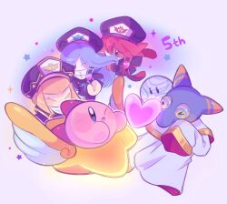 Rule 34 | anniversary, blonde hair, blue hair, blush stickers, closed eyes, colored skin, disembodied limb, fafameow, flamberge (kirby), francisca (kirby), friend star, hat, heart, highres, hyness, kirby: star allies, kirby (series), looking at another, military hat, nintendo, one eye closed, open mouth, pink skin, rayman limbs, red hair, solid oval eyes, star (symbol), void soul, void termina, zan partizanne