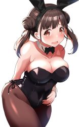 Rule 34 | 1girl, animal ears, bare shoulders, black bow, black bowtie, black leotard, blush, bow, bowtie, breasts, brown eyes, brown hair, brown pantyhose, cleavage, collarbone, cowboy shot, detached collar, double bun, fake animal ears, fubuki (pekesan), hair bun, highres, idolmaster, idolmaster shiny colors, large breasts, leaning forward, leotard, long hair, looking at viewer, open mouth, pantyhose, playboy bunny, rabbit ears, rabbit tail, short twintails, simple background, solo, sonoda chiyoko, strapless, strapless leotard, tail, twintails, white background, wrist cuffs