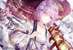 Rule 34 | 1girl, absurdres, alternate costume, branch, breasts, cleavage, closed mouth, commentary request, day, dutch angle, eyes visible through hair, fate/grand order, fate (series), floral print, flower, hair flower, hair ornament, hair over one eye, highres, holding, holding umbrella, japanese clothes, junpaku karen, kimono, mash kyrielight, medium breasts, oil-paper umbrella, open clothes, open kimono, outdoors, petals, pink flower, pink hair, pixiv id, print kimono, purple eyes, purple flower, red umbrella, sarashi, short hair, snow, solo, umbrella, white kimono