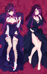 Rule 34 | 1girl, bare shoulders, barefoot, bed sheet, black dress, black panties, book, breasts, cleavage, clothes lift, collarbone, dakimakura (medium), dress, dress lift, elbow gloves, fascinator, female focus, fire emblem, fire emblem engage, fishnet thighhighs, fishnets, flower, from above, full body, gloves, highres, holding, holding book, ivy (fire emblem), jewelry, large breasts, lifted by self, long dress, long hair, looking at viewer, lying, matching hair/eyes, mole, mole under mouth, multiple views, necklace, nintendo, official alternate costume, panties, petals, poppy (poppykakaka), purple eyes, purple hair, rose, rose petals, side slit, thighhighs, underwear, upskirt, veil, very long hair, white gloves