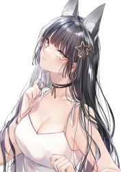 Rule 34 | 1girl, animal ears, bare arms, bare shoulders, black choker, black hair, blunt bangs, blush, breasts, camisole, choker, cleavage, closed mouth, collarbone, commentary request, earrings, eyelashes, fox ears, fox girl, twirling hair, hand up, head tilt, highres, hoop earrings, jewelry, large breasts, long hair, looking at viewer, medium breasts, mole, mole on neck, mole under eye, original, sidelocks, simple background, slit pupils, smile, solo, spaghetti strap, straight hair, very long hair, white background, white camisole, yellow eyes, yukibuster z