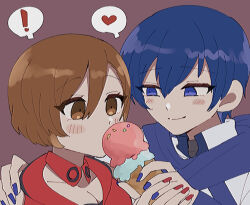 Rule 34 | !, 1boy, 1girl, andou (sino spkt), app filter, blue eyes, blue hair, blue nails, blue scarf, blush, brown eyes, brown hair, closed mouth, collar, detached collar, feeding, food, hand on another&#039;s shoulder, heart, ice cream, kaito (vocaloid), looking at another, meiko (vocaloid), red collar, red nails, red vest, scarf, simple background, sleeveless, smile, spoken exclamation mark, spoken heart, vest, vocaloid