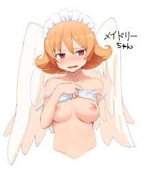 Rule 34 | 1girl, angel wings, blush, bra, bra lift, breasts, character name, cropped torso, feathered wings, flipped hair, harpy, ishuzoku reviewers, large breasts, lifted by self, looking at viewer, maid headdress, meidri, monster girl, nipples, noa (nagareboshi), nose blush, open mouth, orange hair, puffy nipples, purple eyes, short hair, solo, underwear, upper body, white background, white bra, white wings, wings