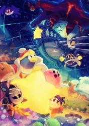 Rule 34 | bandana, bandana waddle dee, bat wings, blue skin, blush stickers, cloud, colored skin, disembodied limb, doomer (kirby), galaxia (sword), hammer, highres, holding, holding hammer, holding sword, holding weapon, king dedede, kirby, kirby&#039;s return to dream land, kirby (series), looking at another, lor starcutter, magolor, mask, meta knight, nintendo, no humans, pink skin, pyramid (structure), rayman limbs, smile, solid oval eyes, star (sky), star (symbol), suyasuyabi, sword, tree, warp star, weapon, wings