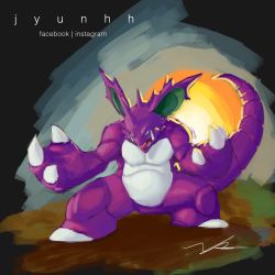 Rule 34 | bad id, bad pixiv id, claws, commentary request, creature, creatures (company), fangs, full body, game freak, gen 1 pokemon, jyunhh, legs apart, nidoking, nintendo, no humans, pokemon, pokemon (creature), sharp teeth, signature, solo, standing, teeth