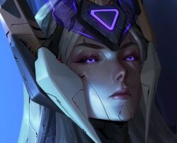 Rule 34 | 1girl, artificial eye, character request, close-up, cyborg, glowing, league of legends, mechanical eye, piscina, portrait, purple eyes, simple background, solo, tagme, white hair