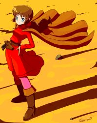 Rule 34 | 1girl, artist name, birin nada, blue eyes, boots, brown cape, brown footwear, brown hair, cape, day, gun, hands on own hips, highres, holster, long hair, long sleeves, outdoors, pink legwear, ponytail, red shirt, red skirt, sentou mecha xabungle, shadow, shirono, shirt, skirt, smile, solo, standing, weapon