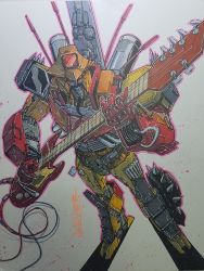 Rule 34 | 1boy, alex milne, cable, commentary, commission, english commentary, facial hair, guitar, highres, holding, holding instrument, instrument, mecha, music, mustache, no humans, playing instrument, red eyes, robot, smirk, solo, the transformers (idw), traditional media, transformers, wreck-gar