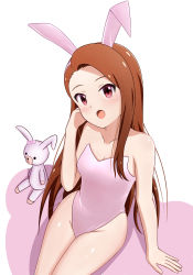Rule 34 | 1girl, animal ears, arm support, bad id, bad pixiv id, black hairband, blush, breasts, brown hair, cleavage, collarbone, fake animal ears, hairband, head tilt, highleg, highleg leotard, highres, idolmaster, idolmaster (classic), leotard, long hair, minase iori, open mouth, pink leotard, playboy bunny, rabbit ears, red eyes, runmo77, shiny skin, simple background, sitting, small breasts, solo, strapless, strapless leotard, stuffed animal, stuffed toy, very long hair, white background