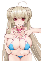 Rule 34 | 1girl, azur lane, bare shoulders, bikini, blonde hair, blue bikini, braid, braided bun, breasts, cleavage, collarbone, colored eyelashes, danxing aipangzi, double bun, feet out of frame, formidable (azur lane), formidable (the lady of the beach) (azur lane), hair bun, heart, heart hands, highres, large breasts, leaning forward, light blush, long hair, looking at viewer, nail polish, navel, official alternate costume, open mouth, pink nails, red eyes, simple background, skindentation, smile, solo, standing, string bikini, swimsuit, thighs, very long hair, white background