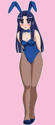 Rule 34 | 00s, 1girl, animal ears, arms behind back, asakura ryouko, blue bow, blue bowtie, blush, bow, bowtie, breasts, brown pantyhose, cleavage, detached collar, fake animal ears, female focus, half updo, highres, leotard, long hair, outline, pantyhose, pink background, playboy bunny, rabbit ears, simple background, solo, suzumiya haruhi no yuuutsu