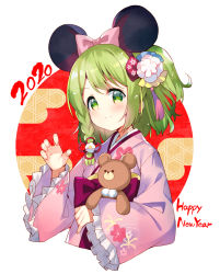 Rule 34 | 1girl, 2020, animal ears, black hairband, blush, braid, chinese zodiac, claw pose, closed mouth, commentary, cropped torso, egasumi, fake animal ears, floral print, flower, frilled sleeves, frills, green eyes, green hair, hair flower, hair ornament, hairband, happy new year, japanese clothes, kimono, long sleeves, meito (maze), morinaka kazaki, mouse ears, new year, nijisanji, obi, hugging object, one side up, pink kimono, print kimono, sash, sleeves past wrists, smile, solo, stuffed animal, stuffed toy, teddy bear, upper body, virtual youtuber, white background, white flower, wide sleeves, year of the rat