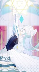 Rule 34 | 1girl, buttons, dress, eyelashes, green hair, hair ornament, hatsune miku, highres, long hair, long sleeves, looking up, nakko (7nt5ta), open mouth, outstretched hand, pale skin, patterned clothing, reaching, ribbon, smile, solo, star (symbol), twintails, very long hair, vocaloid