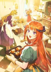 3girls :d ahoge alternate_costume animal_ears apron arknights bagpipe_(arknights) baking blank_eyes blonde_hair blue_dress blue_eyes blush bottle bread checkered_floor chibi commentary cooking_pot curtains cutting_board day dragon_horns dress english_commentary faucet flying_sweatdrops food food_on_face from_behind frying_pan giving_up_the_ghost grani_(arknights) green_dress grey_hair hand_on_own_face hanging_plant happy_birthday highres horn_(arknights) horns horse_ears kitchen loaf_of_bread long_hair looking_at_viewer looking_back maid_apron medium_hair multiple_girls open_mouth orange_apron orange_hair oven_mitts ponytail qinglai_haiji smile sparkle spatula squiggle standing stove straight_hair sunlight visor_cap wall_lamp window wolf_ears wolf_girl
