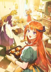 Rule 34 | 3girls, :d, ahoge, alternate costume, animal ears, apron, arknights, bagpipe (arknights), baking, blank eyes, blonde hair, blue dress, blue eyes, blush, bottle, bread, checkered floor, chibi, commentary, cooking pot, curtains, cutting board, day, dragon horns, dress, english commentary, faucet, flying sweatdrops, food, food on face, from behind, frying pan, giving up the ghost, grani (arknights), green dress, grey hair, hand on own face, hanging plant, happy birthday, highres, horn (arknights), horns, horse ears, kitchen, loaf of bread, long hair, looking at viewer, looking back, maid apron, medium hair, multiple girls, open mouth, orange apron, orange hair, oven mitts, ponytail, qinglai haiji, smile, sparkle, spatula, squiggle, standing, stove, straight hair, sunlight, visor cap, wall lamp, window, wolf ears, wolf girl