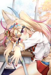 Rule 34 | 1girl, animal ears, blonde hair, bow, bowtie, breast press, breasts, classroom, desk, ebiko yaki, fox ears, from side, hair ornament, hairclip, head rest, highres, hololive, indoors, large breasts, long hair, long sleeves, looking at viewer, miniskirt, multicolored hair, multicolored nails, omaru polka, omaru polka (school uniform), pink hair, purple eyes, school desk, school uniform, shirt, side ponytail, sitting, skirt, smile, solo, streaked hair, striped bow, striped bowtie, striped clothes, twitter username, virtual youtuber, white shirt