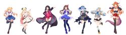 Rule 34 | 6+girls, absurdres, akai haato, akai haato (1st costume), amane kanata, angel, angel wings, armband, asymmetrical legwear, azki (2nd costume) (hololive), azki (hololive), bag, bare shoulders, black coat, black hair, black shorts, black thighhighs, blonde hair, blue eyes, blue hair, blue skirt, blue socks, blue thighhighs, boots, bow, breasts, brown hair, cape, cleavage, cleavage cutout, clothing cutout, coat, covered navel, dragon girl, dragon tail, feathered wings, fingerless gloves, fingernails, fold-over boots, full body, gloves, hair ornament, hair ribbon, hair up, halo, hand on own hip, hand up, harp, highres, holding, holding instrument, hololive, horns, hoshimachi suisei, hoshimachi suisei (1st costume), instrument, jacket, jewelry, kiryu coco, kiryu coco (1st costume), long hair, midriff, mini wings, multicolored hair, multiple girls, nail polish, narumi nanami, navel, necklace, off shoulder, official art, open clothes, open coat, orange hair, pink nails, revealing clothes, ribbon, see-through, sheep girl, sheep horns, shoes, short hair, shorts, simple background, single thighhigh, skirt, socks, streaked hair, striped, striped bow, tail, thigh strap, thighhighs, tokino sora, tokino sora (1st costume), tsunomaki watame, tsunomaki watame (1st costume), uneven legwear, v, virtual youtuber, white background, white hair, wide sleeves, wings