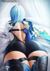 Rule 34 | 1girl, absurdres, artist name, ass, bed, blue hair, cameltoe, cape, eula (genshin impact), from behind, genshin impact, greatsword, highres, huge ass, leotard, long hair, lying, moonlen-jack, on bed, on stomach, shiny clothes, shiny skin, solo, sword, thick thighs, thighhighs, thighs, weapon