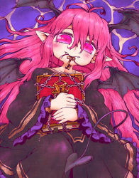 Rule 34 | 1girl, book, chain, demon tail, demon wings, dress, fangs, frills, hakuyou ( hakuyou), head wings, holding, key, koakuma, long hair, looking at viewer, mouth hold, pink eyes, pink hair, solo, tail, touhou, wide sleeves, wings