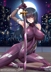 Rule 34 | 1girl, adsouto, armpits, black hair, blue eyes, bodysuit, breasts, cameltoe, collarbone, covered collarbone, covered erect nipples, covered navel, full moon, highres, igawa asagi, impossible bodysuit, impossible clothes, katana, large breasts, long hair, moon, purple bodysuit, signature, solo, sword, taimanin (series), taimanin asagi, taimanin suit, weapon