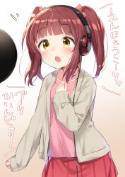 Rule 34 | 1girl, bad id, bad pixiv id, blush, brown eyes, brown hair, collarbone, flying sweatdrops, grey jacket, hand on own chest, headphones, idolmaster, idolmaster cinderella girls, jacket, long sleeves, looking away, microphone, ogata chieri, open clothes, open jacket, pink shirt, pleated skirt, red skirt, shirt, sidelocks, skirt, sleeves past wrists, solo, sweat, tousaki shiina, translation request, twintails
