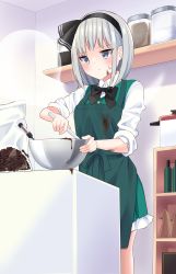 Rule 34 | 1girl, absurdres, apron, belt, black bow, black bowtie, black hairband, blue eyes, blush, bottle, bow, bowl, bowtie, breasts, buttons, chocolate, closed mouth, collared shirt, commentary request, cooking, dress, food, food on face, frills, ghost, green apron, green belt, green bow, green dress, grey hair, hairband, highres, hitodama, konpaku youmu, konpaku youmu (ghost), looking down, medium breasts, package, saucepan, shirt, short hair, sleeves rolled up, solo, standing, stigma1101, table, touhou, valentine, wall, white shirt