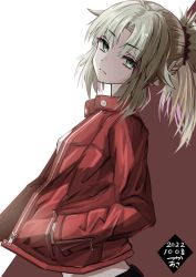 Rule 34 | 1girl, absurdres, blonde hair, closed mouth, fate/apocrypha, fate/grand order, fate (series), frown, green eyes, hands in pockets, head tilt, highres, jacket, long sleeves, looking at viewer, medium hair, mordred (fate), mordred (fate/apocrypha), open clothes, open jacket, red jacket, solo, tsukaasa, upper body