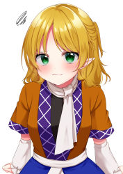 Rule 34 | 1girl, absurdres, blonde hair, blush, closed mouth, eyes visible through hair, green eyes, highres, looking at viewer, mizuhashi parsee, parted bangs, pointy ears, ponytail, shinonome asu, short hair, short ponytail, simple background, solo, standing, touhou, white background