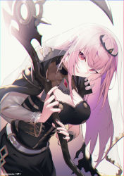 Rule 34 | absurdres, belt, black dress, breasts, choker, chromatic aberration, cloak, dress, heart, heart-shaped pupils, highres, holding, holding scythe, hololive, hololive english, leaning forward, long hair, looking at viewer, mori calliope, nail polish, pink eyes, pink hair, scythe, see-through, see-through sleeves, smirk, spikes, standing, symbol-shaped pupils, tiara, twitter username, veil, virtual youtuber, white background, yo-ba yo