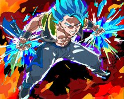 Rule 34 | 10s, 1boy, abs, attack, blue eyes, blue hair, commentary request, dragon ball, dragon ball super, dragon ball super broly, fighting stance, fingernails, fire, from above, full body, gogeta, grin, male focus, outstretched arms, pants, shaded face, short hair, smile, solo, spiked hair, spread legs, stomach, super saiyan, super saiyan blue, topless male, white pants