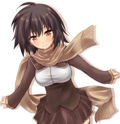 Rule 34 | 1girl, bad id, bad pixiv id, black hair, black thighhighs, blush, breasts, brown eyes, brown scarf, buttons, long sleeves, looking at viewer, medium breasts, original, ribucci, scarf, shirt, short hair, simple background, skirt, sleeves past wrists, solo, taut clothes, taut shirt, thighhighs, white background, zettai ryouiki