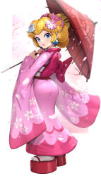 Rule 34 | 1girl, absurdres, ass, blonde hair, blue eyes, bow, carrying over shoulder, cherry blossoms, closed mouth, earrings, eyelashes, eyeshadow, floral print, flower, from behind, full body, glint, gonzarez, hair flower, hair ornament, hair stick, highres, holding, holding umbrella, japanese clothes, jewelry, kanzashi, kimono, lips, long sleeves, looking at viewer, makeup, mario (series), nail polish, nihongami, nintendo, obi, official alternate costume, official alternate hairstyle, oil-paper umbrella, okobo, petals, pink background, pink eyeshadow, pink flower, pink kimono, pink lips, pink nails, platform footwear, princess peach, princess peach (kimono), print kimono, sandals, sash, short hair, smile, socks, solo, sphere earrings, standing, tabi, thick lips, tsumami kanzashi, umbrella, white background, white sash, white socks, wide sleeves