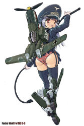 Rule 34 | 1girl, aircraft, airplane, ass, black thighhighs, blush, character name, fw 190, hat, looking back, mecha musume, military, military uniform, nazi, open mouth, original, panties, pantyshot, personification, purple hair, red eyes, revision, shiny skin, simple background, skirt, solo, soukaa (golden sash), striped clothes, striped panties, thighhighs, underwear, uniform, upskirt, whip, world war ii