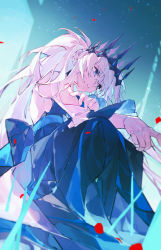 Rule 34 | 1girl, absurdres, back bow, blue dress, blue eyes, bow, braid, breasts, crown, detached sleeves, dress, falling petals, fate/grand order, fate (series), hair between eyes, hand on own arm, highres, long dress, long hair, looking to the side, medium breasts, morgan le fay (fate), morgan le fay (queen of winter) (fate), p dou dingding, parted lips, petals, ponytail, sideboob, sitting, solo, white hair