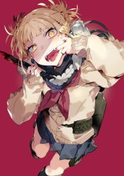 Rule 34 | 1girl, absurdres, belt, blonde hair, blue skirt, boku no hero academia, cardigan, dutch angle, fangs, finger in own mouth, highres, holding, holding knife, holding weapon, karei, knife, messy hair, open mouth, pleated skirt, school uniform, serafuku, skirt, sleeves past wrists, solo, toga himiko, utility belt, weapon, yellow eyes