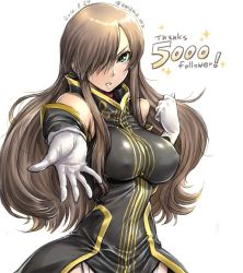 Rule 34 | 00s, 10s, 1girl, 2016, amania orz, blue eyes, breasts, brown hair, clenched hand, dated, detached sleeves, english text, garter straps, gloves, green eyes, hair over one eye, impossible clothes, large breasts, long hair, namco, outstretched arm, parted lips, solo, sparkle, tales of (series), tales of the abyss, tear grants, twitter username, white background, white gloves