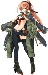 Rule 34 | 1girl, belt, bikini, bikini top only, bow, breasts, cannon, full body, gloves, hand on own hip, heterochromia, jacket, jacket on shoulders, long hair, looking at viewer, mecha musume, midriff, multicolored eyes, navel, necktie, official art, orange hair, panzer waltz, personification, ponytail, single thighhigh, smile, solo, stomach, su-85 (panzer waltz), swimsuit, tama (tamatamo), thighhighs, thighs, torn clothes, transparent background