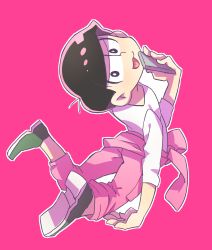 Rule 34 | 10s, 1boy, :3, alternate costume, bad id, bad pixiv id, black hair, cellphone, en (naguen), half-closed eyes, hand to own mouth, heart, heart in mouth, highres, jumpsuit, looking at viewer, looking back, male focus, matsuno todomatsu, osomatsu-kun, osomatsu-san, osomatsu (series), phone, pink background, smartphone, smile, solo, tied sleeves