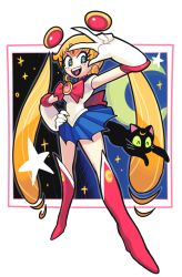 Rule 34 | 1990s (style), 1girl, :d, bishoujo senshi sailor moon, black cat, blonde hair, blue eyes, blue sailor collar, blue skirt, boots, bow, brooch, cat, choker, crescent, crescent moon, double bun, elbow gloves, gashi-gashi, gloves, hand on own hip, happy, jewelry, knee boots, long hair, luna (sailor moon), moon, open mouth, red bow, sailor collar, sailor moon, skirt, smile, tiara, tsukino usagi, twintails, v, v over eye, very long hair, white gloves