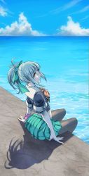 Rule 34 | 10s, 1girl, arm support, black pantyhose, brown eyes, day, dock, from behind, grey hair, highres, kantai collection, light smile, lips, looking at viewer, midriff, pantyhose, pleated skirt, ponytail, short sleeves, sitting, skirt, solo, tank top, water, yuho (u yuho), yuubari (kancolle)