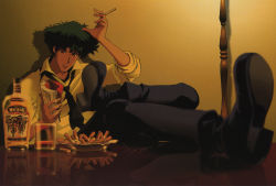 Rule 34 | 1990s (style), 1boy, alcohol, ashtray, cigarette, cowboy bebop, feet on table, glass, green hair, male focus, reading, solo, spike spiegel, tequila