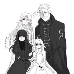 Rule 34 | 2boys, 2girls, altrouge brunestud, arcueid brunestud, black cape, black dress, black hair, blonde hair, brunestud of the crimson moon, cape, character request, dress, closed eyes, facial hair, family, family portrait, fate (series), father and daughter, grandfather and granddaughter, greyscale, hair intakes, highres, kischur zelretch schweinorg, long hair, long sleeves, monochrome, multiple boys, multiple girls, no 01r, old, old man, red eyes, shaded face, short hair, smile, tsukihime, vampire, very long hair, white cape, white dress