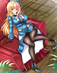 Rule 34 | 1girl, aqua hat, atago (kancolle), beret, black gloves, black pantyhose, blonde hair, blue hat, blush, breasts, couch, from above, full body, gloves, gold trim, green eyes, hair between eyes, hand on own hip, hat, high heels, highres, impossible clothes, impossible jacket, indoors, jacket, kantai collection, knees together feet apart, large breasts, layered sleeves, long hair, long sleeves, looking at viewer, looking up, military, military uniform, panties, panties under pantyhose, pantyhose, plant, shadow, siki2046, sitting, smile, solo, underwear, uniform, very long hair, wooden floor