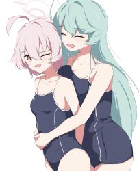 Rule 34 | 2girls, ahoge, bare shoulders, blue archive, blue hair, blue one-piece swimsuit, blush, breast press, breasts, closed eyes, collarbone, commentary, cowboy shot, hair between eyes, halo, highres, hoshino (blue archive), hoshino (young) (blue archive), hug, hug from behind, kusana (kusana47454281), large breasts, long hair, multiple girls, one-piece swimsuit, one eye closed, open mouth, orange eyes, pink hair, pink halo, short hair, simple background, small breasts, swimsuit, white background, yume (blue archive), yuri