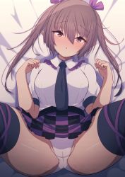 Rule 34 | 1girl, bed sheet, black necktie, black thighhighs, blush, brown eyes, brown hair, checkered clothes, checkered skirt, collared shirt, darumoon, groin, hair between eyes, highres, himekaidou hatate, long hair, necktie, panties, parted lips, pointy ears, shirt, skirt, solo, thighhighs, touhou, twintails, underwear, white panties, white shirt